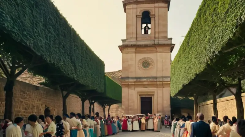 Un grupo de villanos viste con ropas tradicionales caminan por una calle empedrada en un pueblo antiguo rodeado de construcciones históricas y arquería