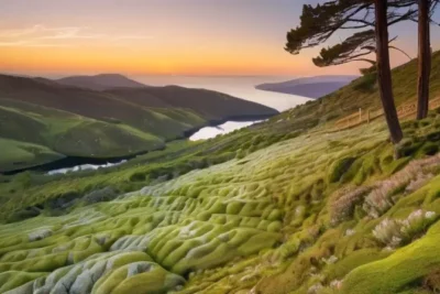 Un paisaje montañoso cubierto de arbustos y árboles rodeado por una tranquilizadora riqueza natural con colores cálidos y suaves