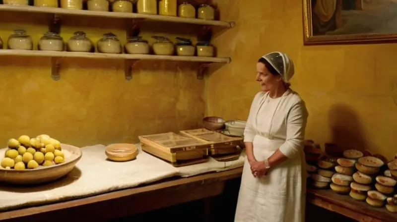 La imagen muestra a dos mujeres trabajando en una vieja tienda de panadería tradicional con muros de madera y suelos de piedra