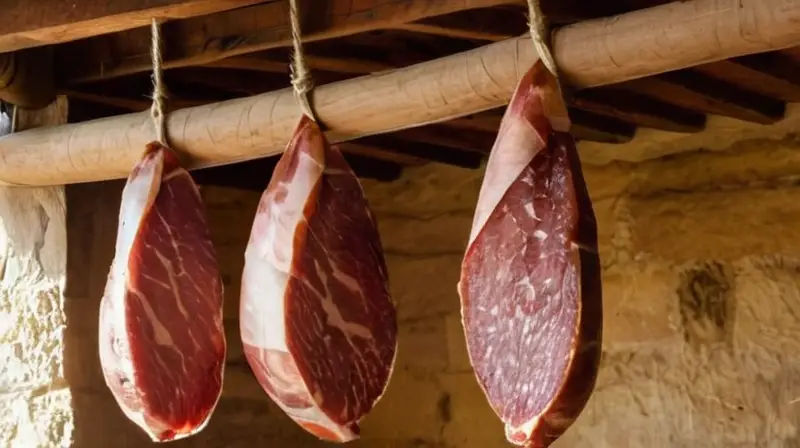 Una panorámica española tradicional con fiambres colgando de vigas mostrando la curación suave