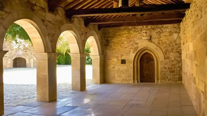 El claustro se compone de paredes de piedra erosionada sostenidas por columnas de granito, un arco con puerta antiguamente labrada y una superficie interior con cariats de frutas y hierbas