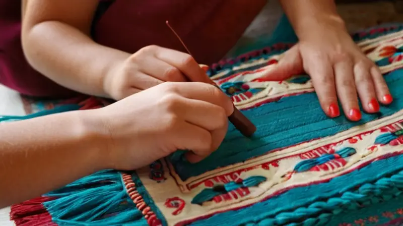 Un joven estudiante tejía una hermosa tapicería con patrones tradicionales de Aracena en un espacio acogedor