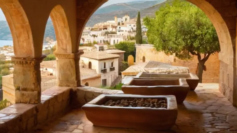 La luz del sol ilumina las calles empedradas de Aracena con una mezcla cromática vibrante y texturas variadas que retratan una típica escena española