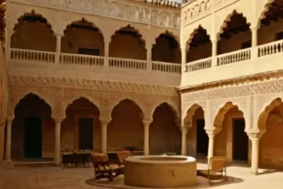 Una plaza antigua rodeada de edificios y un castillo morisco se ve bañada por la luz del sol mientras personas vestidas tradicionalmente caminan bajo los árboles