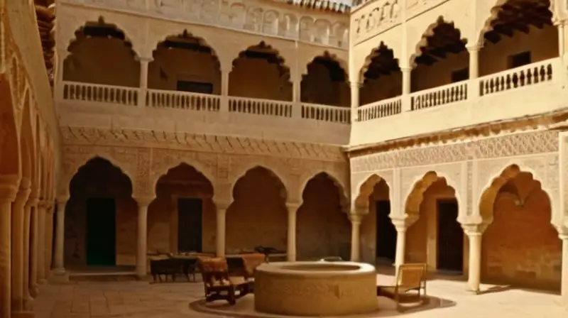 Una plaza antigua rodeada de edificios y un castillo morisco se ve bañada por la luz del sol mientras personas vestidas tradicionalmente caminan bajo los árboles