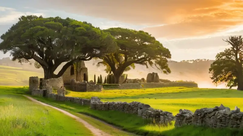 La escena describe un paisaje rural con una arquitectura mixta de rocas y columnas, rodeada de praderas y labrados de agricultura