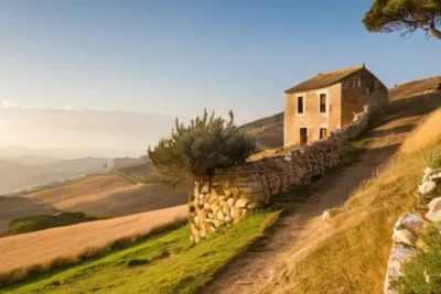 Un paisaje rural español tranquilo y agostado cubierto de colinas onduladas