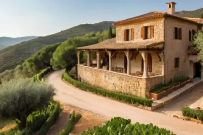 Una finca rústica rodea de una paisaje rural sereno y pintoresco formado por olivares