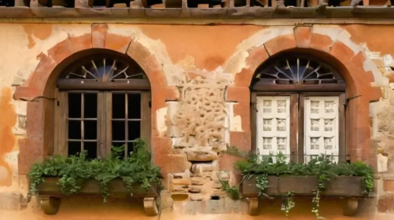 La casa cuenta con una fachada de piedra desteñida y edificio del siglo XVIII, adornado por elementos naturales y detalles anticuados que reflejan su larga historia