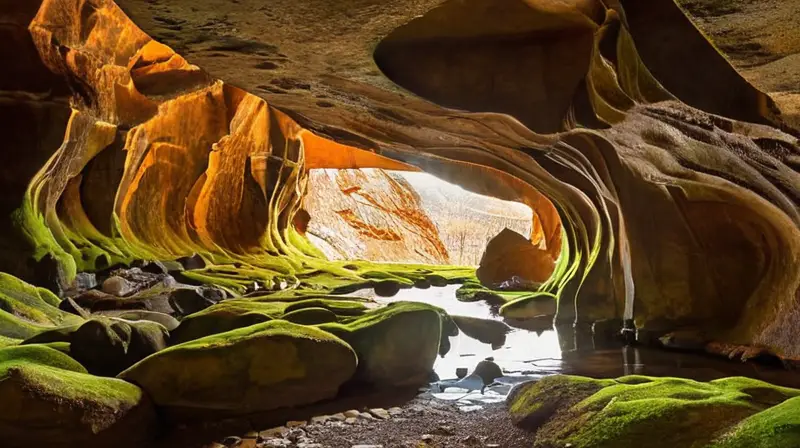 La caverna tiene un interior de roca lujuriantemente adornado con columnas de piedra caliza y un suelo ornamentado por mosaicos de rocas y musgo