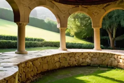 El patio está rodeado por una pared de piedra blanca histórica con columnas de piedra labrada del siglo XVIII