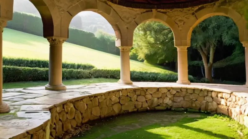 El patio está rodeado por una pared de piedra blanca histórica con columnas de piedra labrada del siglo XVIII