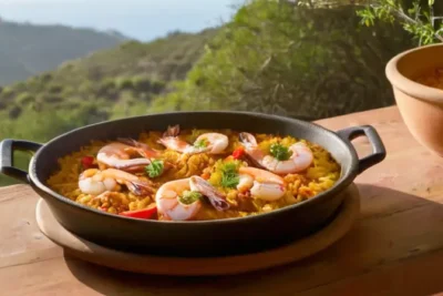 Se trata de una fotografía de paella arceñesa colocada en una mesa de madera y brillando bajo la luz del amanecer