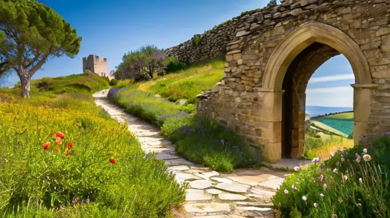 La iglesia antigua tiene una entrada románica rodeada de un paisaje rural con olivos, flores silvestres y árboles centenarios