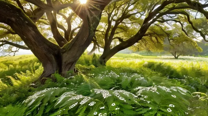 Escenario idílico de un paisaje verdecido con árboles y flores silvestres rodeado de rocas grises y un cielo claro