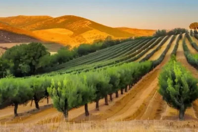 Un paisaje de colinas suaves cubiertas de olivos