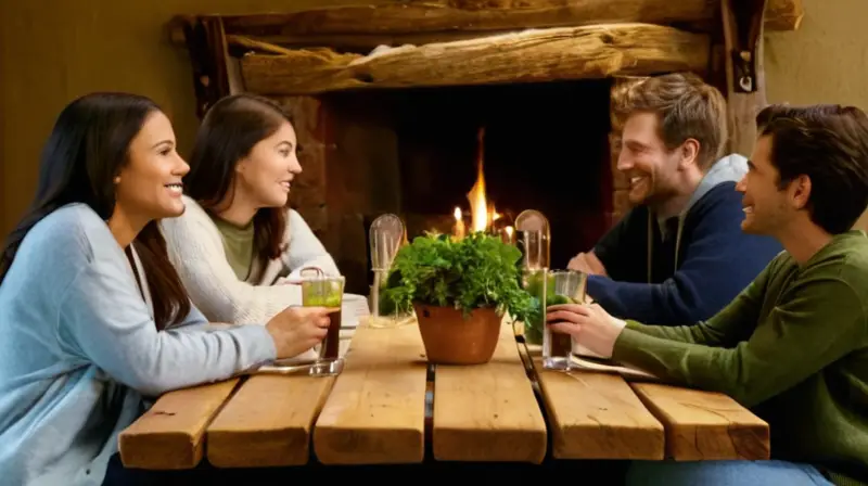 Un grupo de personas de diferentes orígenes reunidas alrededor de una mesa en un ambiente acogedor con muebles y decoraciones rústicas