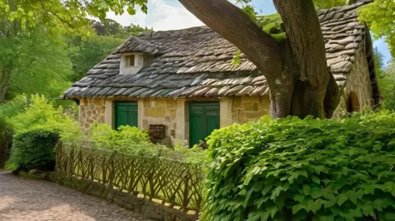 Un antiguo edificio de piedra medieval se ubica rodeado de árboles verdes y con paredes adornadas de intrincados diseños celtas