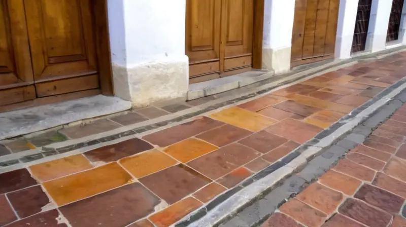 Una mesa de madera rústica se ubica en una calle histórica de Aracena con pinturas y utensilios esparcidos alrededor