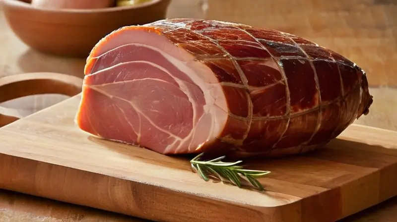 Un jamón curado reposa sobre una tableta de madera, iluminado por la suave luz matutina que entra a través de las ventanas