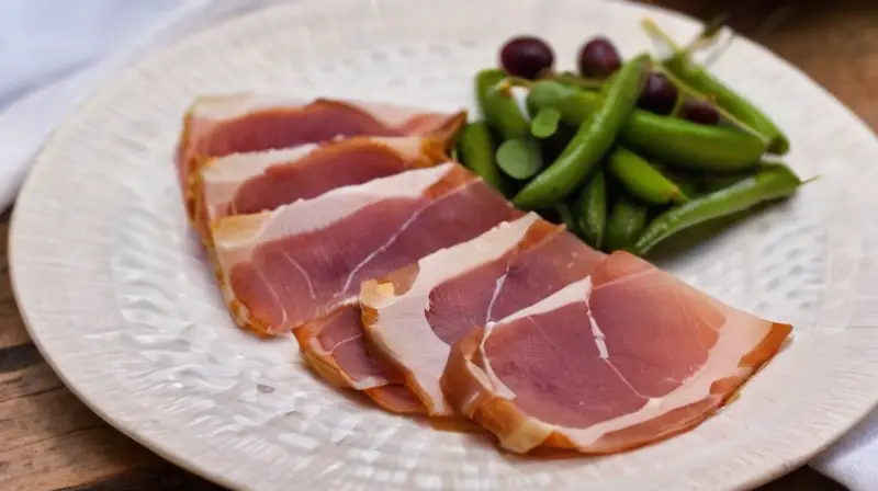 Un plato con Jamón ibérico se exhibe sobre una mesa rústica iluminada suavemente, mostrando sus capas translúcidas y un bonito contraste de texturas