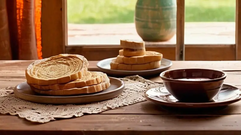 Un viejo mantelete de madera cubre una mesa de madera con platos de terracota dispuestos y un jarrón de aceite de oliva al costado