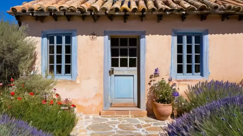 La casa de piedra vista desde lejos tiene un aspecto vetusto y pintoresco rodeada por verdes olivos, flores silvestres y hierbas aromáticas con la sombra de su tejado