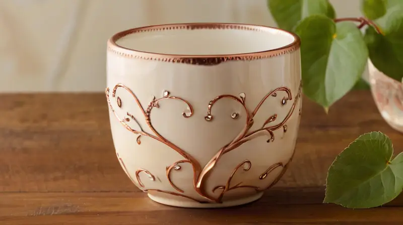 Una taza delicada de cerámica descansa sobre una mesa de madera rodeada por un patrón intrincado y brillante de enredaderas en tonos metálicos