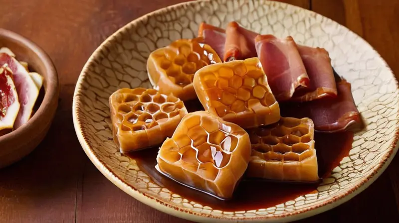 Una cajeta de miel dorada reposa sobre una mesa de madera en un escenario rodeado de productos ibéricos y decoraciones naturales