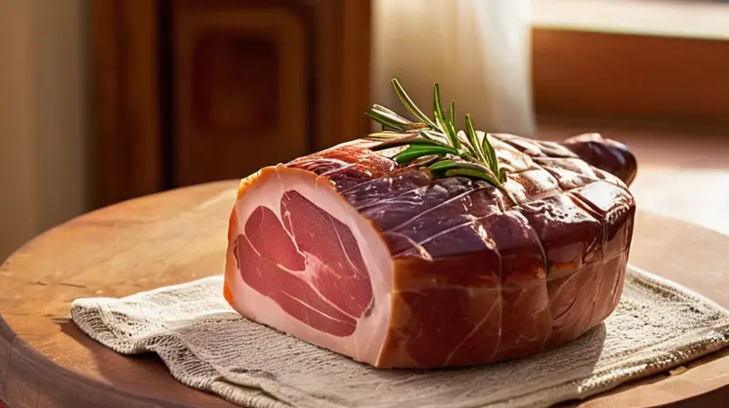 Una rebanada de jamón ibérico descansa en un tablero de madera oscura, rodeado por una escena tranquila y soleada, con influencia del arte y la naturaleza