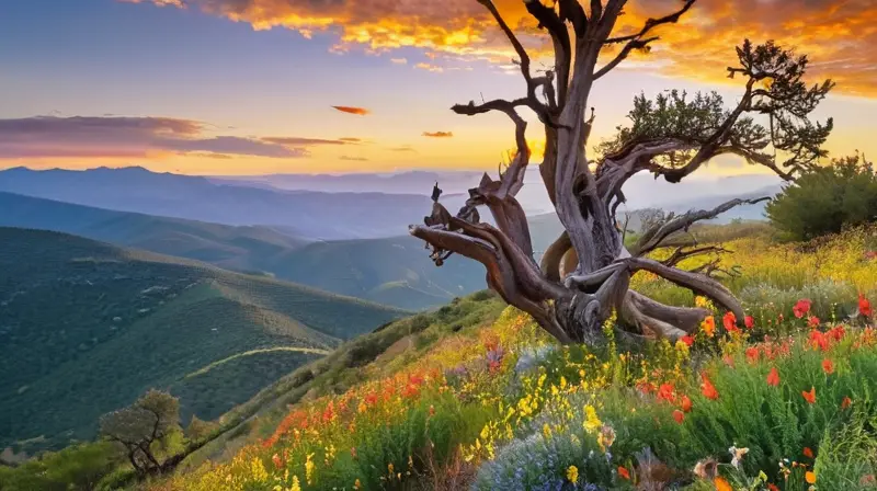 Una belleza natural con árboles, flores y rocas rodea una escena de serenidad en un paisaje montañoso tranquilo