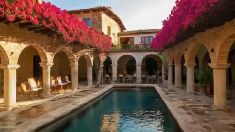 La escena describe un pintoresco pueblo español con edificios de piedra y detalles arquitectónicos que transportan al espectador a su corazón histórico