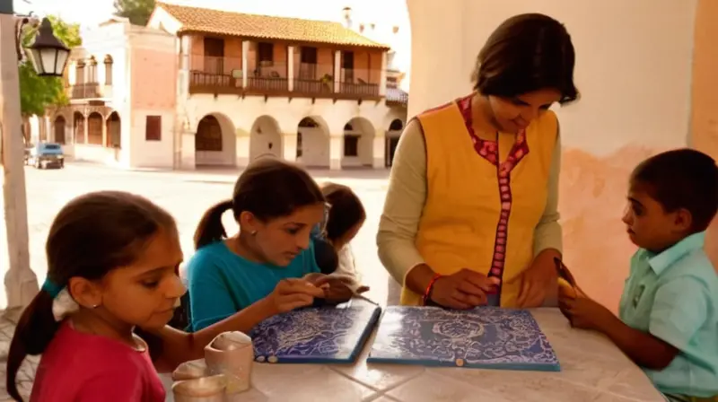 En el centro histórico de Aracena, niños de diferentes edades y tonos de piel participan en arte en una escena alegre mientras fotógrafos capturan la arquitectura del lugar