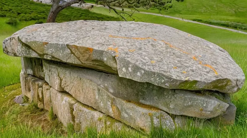 Un monumento de piedra granítica desgastado reposa en una ladera ondulada, cubierta por musgo y mostrando la erosión del tiempo