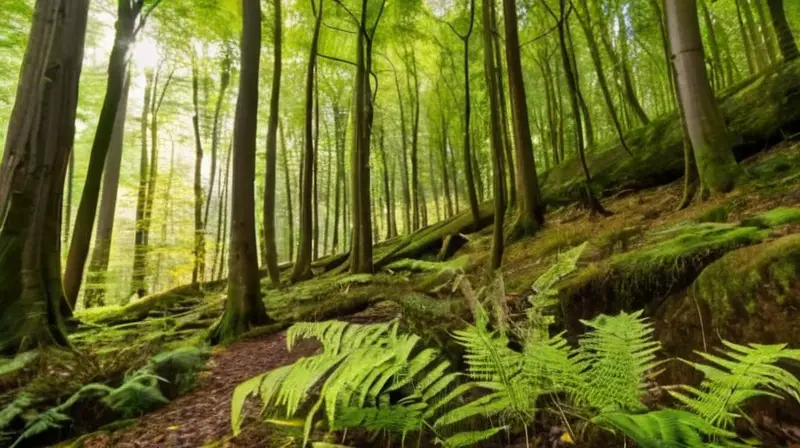 Un paisaje de bosque denso con árboles altos y troncos gruesos cubiertos por la luz filtrada del sol y los sonidos suaves de las hojas golpeadas por el viento