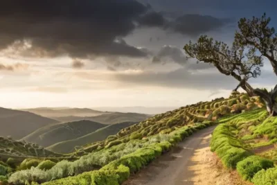 Un paisaje verde con colinas rocosas y olivos se extiende bajo un cielo azul con nubes de cirros