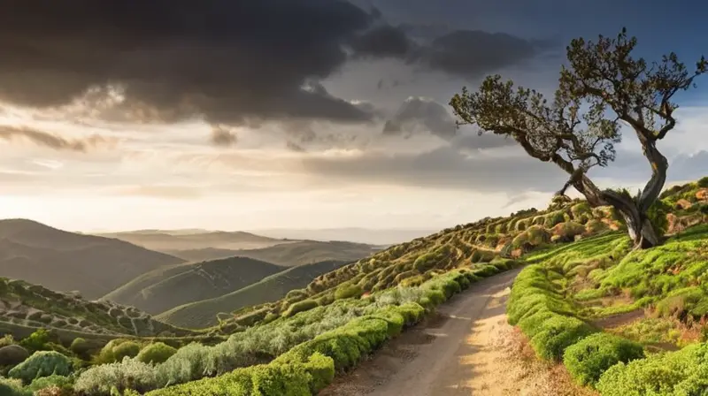 Un paisaje verde con colinas rocosas y olivos se extiende bajo un cielo azul con nubes de cirros