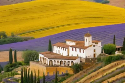 La península ibérica se extiende hacia el horizonte bajo un sol español cálido con paisajes serranos de colorido vibrante y atmósfera mágica