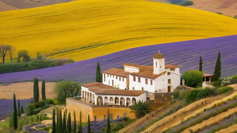 La península ibérica se extiende hacia el horizonte bajo un sol español cálido con paisajes serranos de colorido vibrante y atmósfera mágica