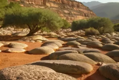 La imagen muestra un paisaje con colinas ondulantes y montañas ásperas