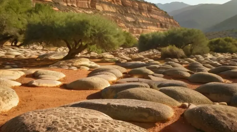 La imagen muestra un paisaje con colinas ondulantes y montañas ásperas