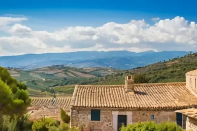 El paisaje andaluz consiste en colinas y montañas con olivares bajo un cielo azul y nuvens blancas