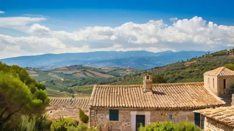 El paisaje andaluz consiste en colinas y montañas con olivares bajo un cielo azul y nuvens blancas