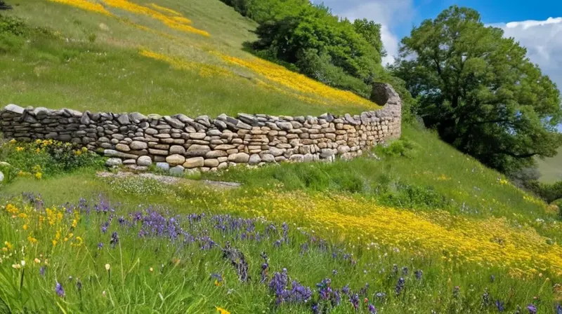 Una majestuosa pared de piedras secas, entre flores silvestres y un roble maduro, bajo un cielo azul radiante