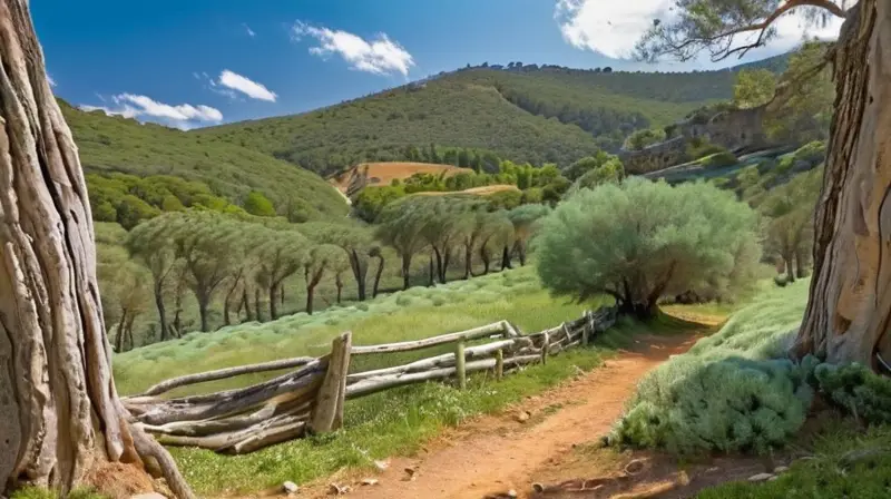 La escena describe un paisaje rusticamente pintoresco con olivares y bosques de pinos y eucaliptus rodeados de paredes de piedra y campos verdes
