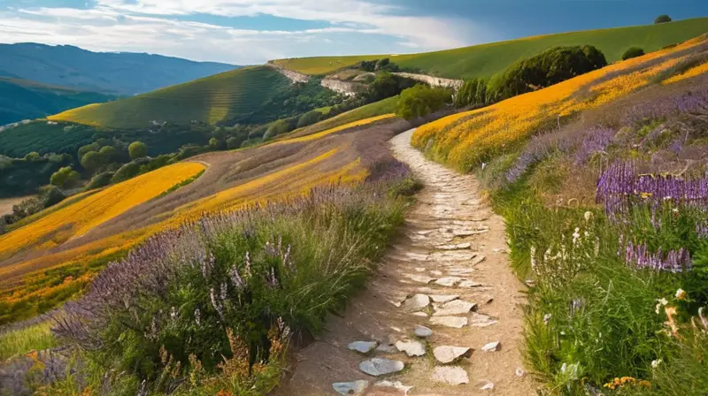 Una fotografía del camino rural en Andalucía con arcos de piedra desmoronándose y un paisaje cubierto de flores silvestres