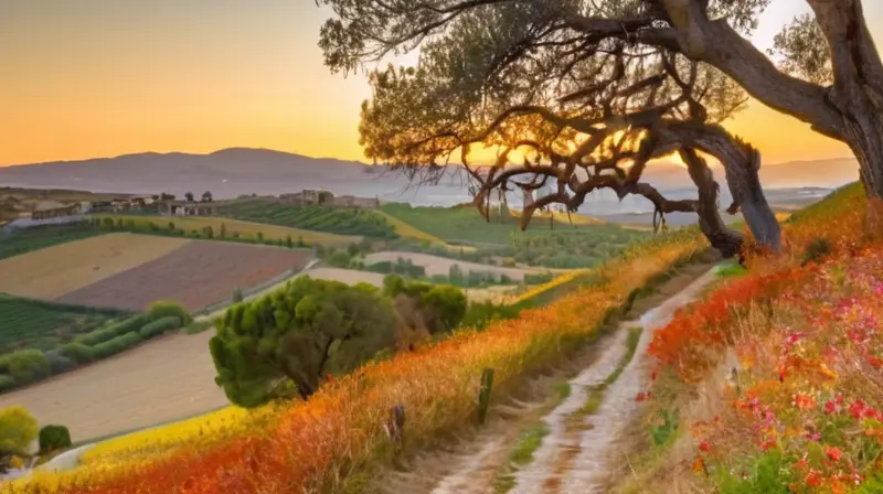 Una carretera rural serpentea por colinas de olivos, ofreciendo una escena idílica de otoño rodeada del paisaje rocoso y bucólico de la Sierra Norte