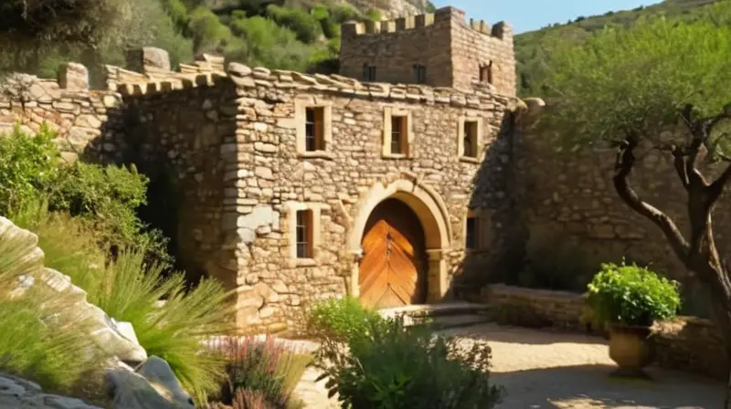 Un castillo medieval semioculto por la maleza se alza en una tierra rocosa áspera, con sus paredes de piedra erosionada y madera vetusta integradas perfectamente en el paisaje