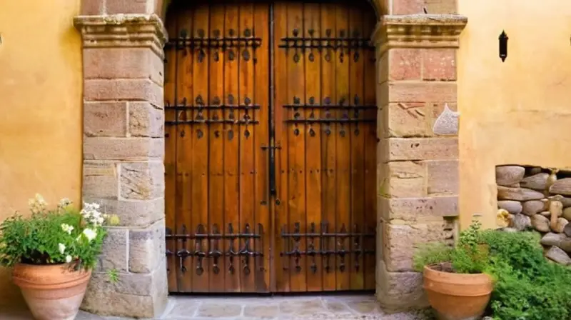 Una entrada de madera antiguamente decorada con herrajes de hierro despliega un estrecho ascenso a un centro histórico labrado en piedra