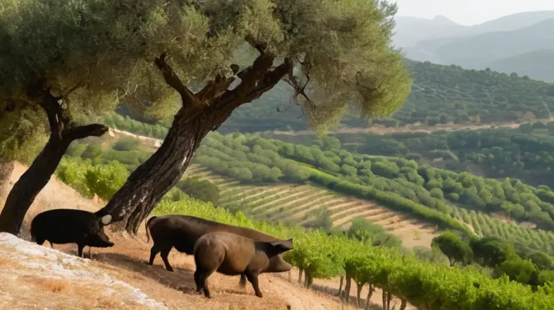 Un paisaje idílico de colinas verdes, olivos y cerdos pastando entre árboles centenarios, rodeado de montañas rugosas en la distancia